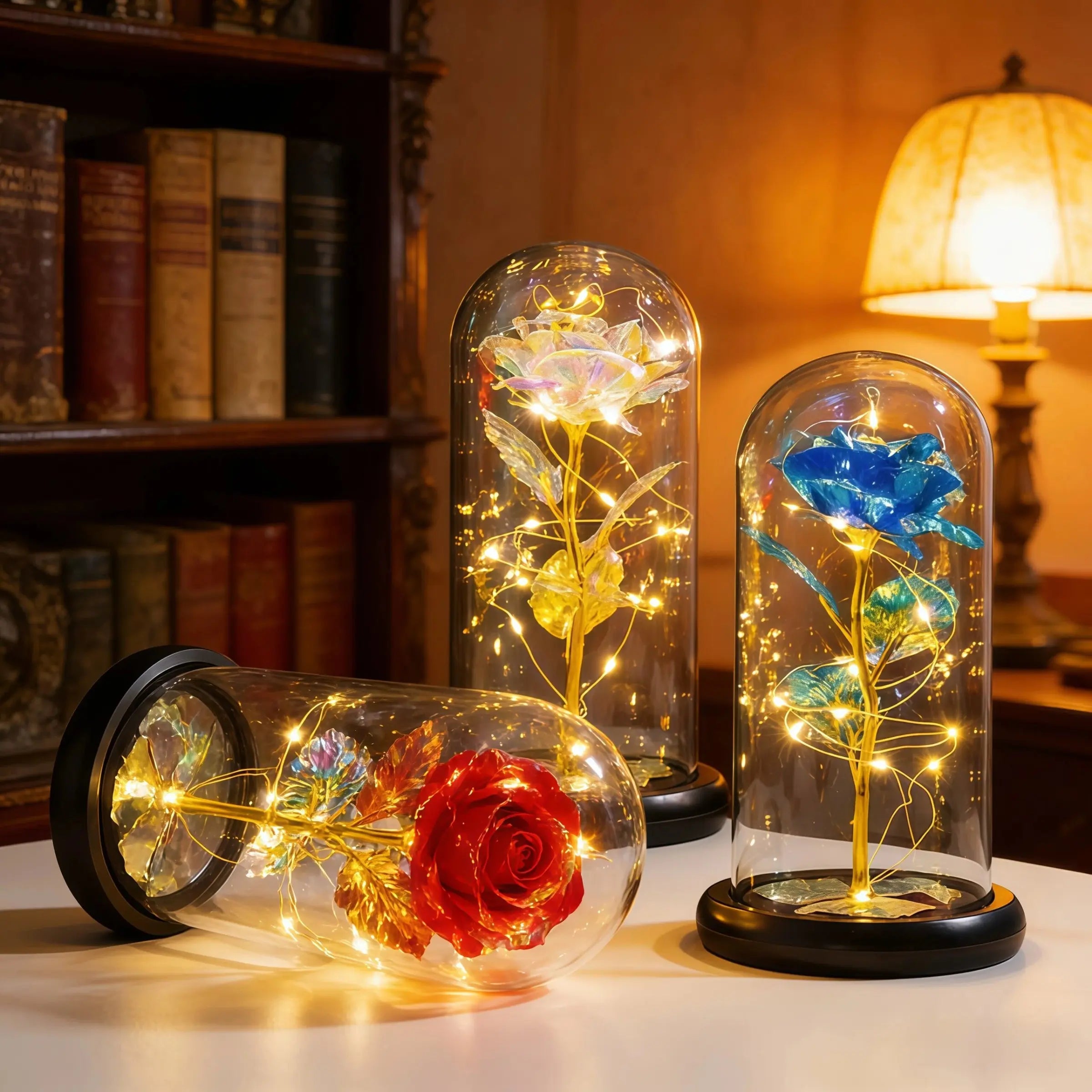 Glowing Eternal Rose Preserved Flower Lamp, LED Night Light, Gold Foil Handmade Colorful Artificial Flowers, Home Decor, Gift for Women