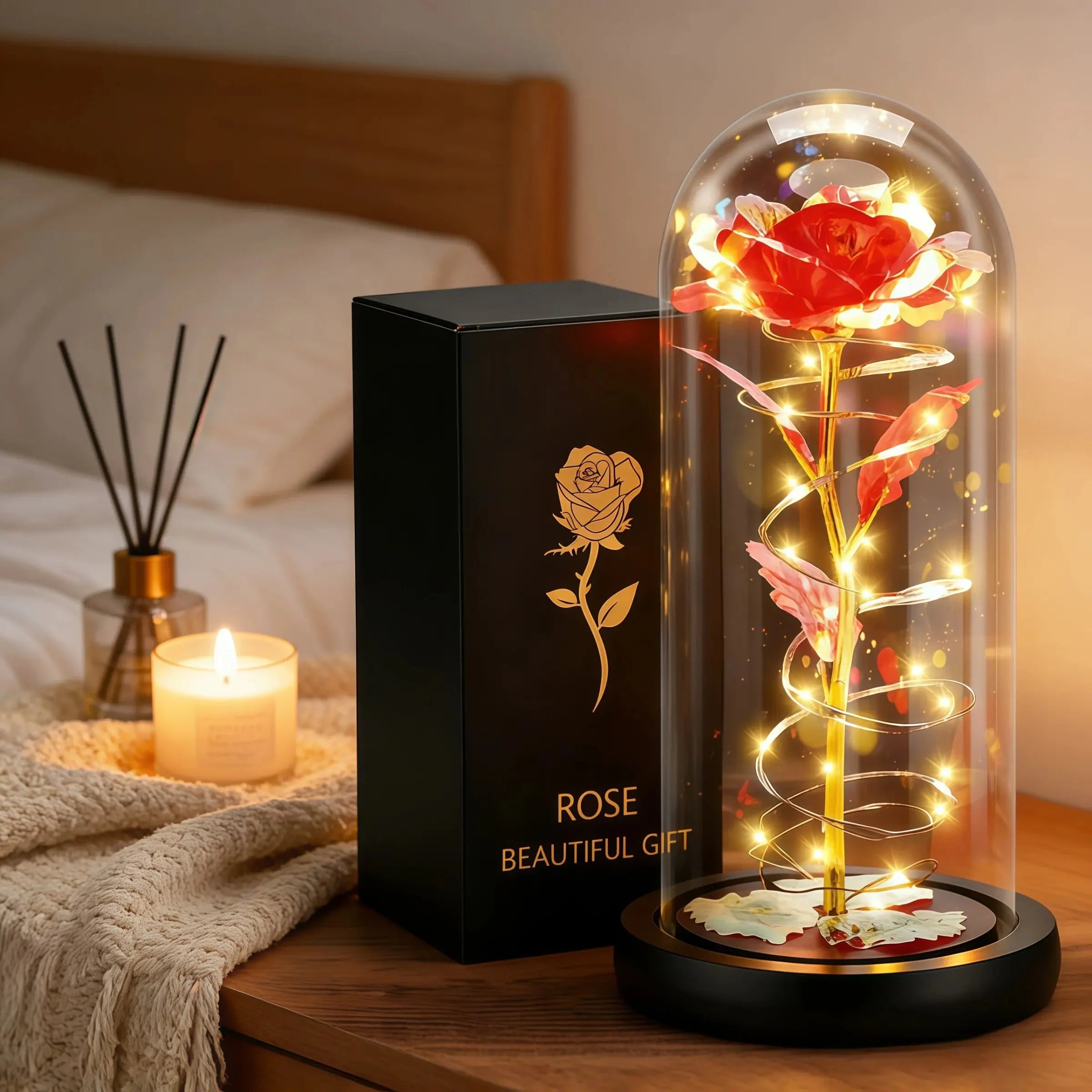 Glowing Eternal Rose Preserved Flower Lamp, LED Night Light, Gold Foil Handmade Colorful Artificial Flowers, Home Decor, Gift for Women