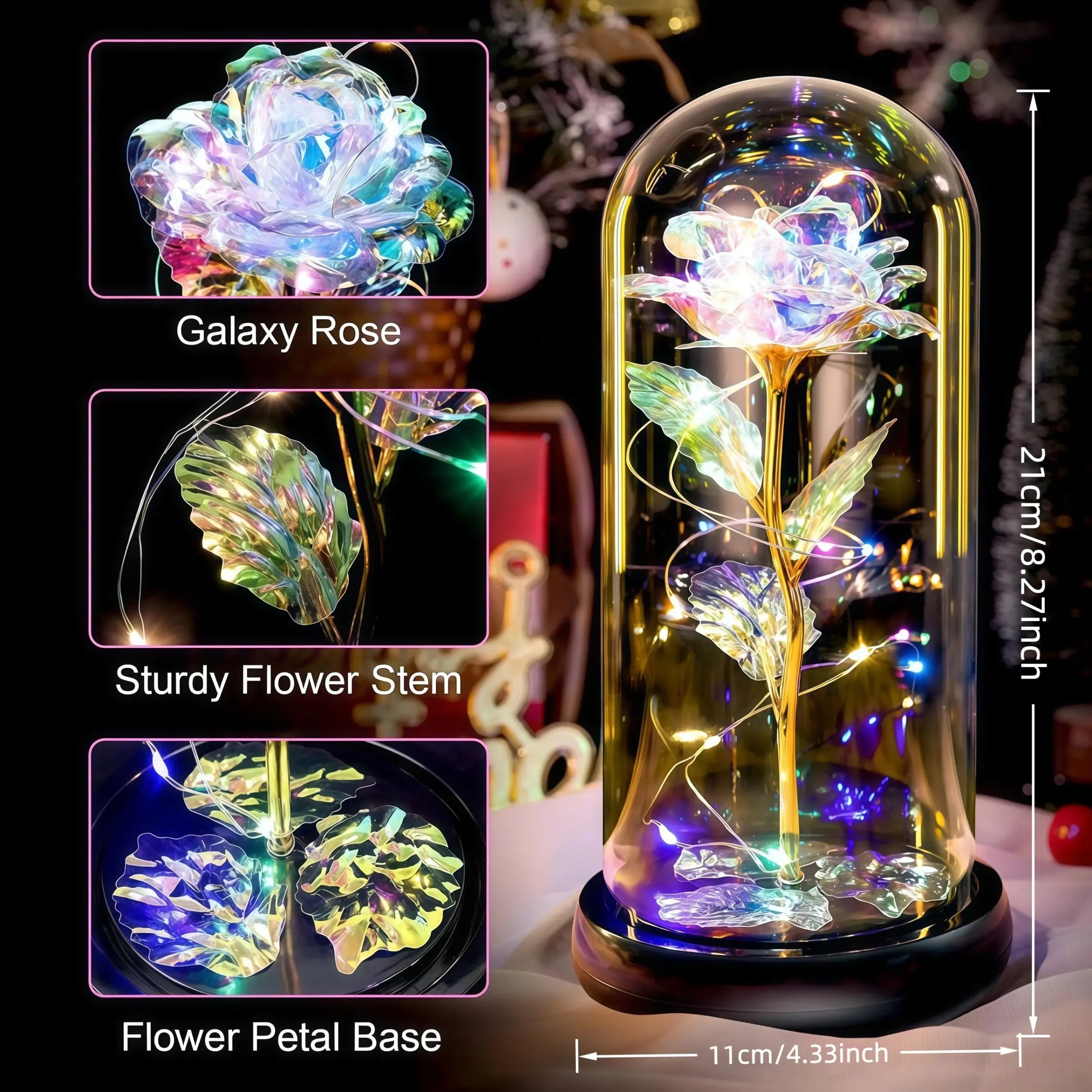 Glowing Eternal Rose Preserved Flower Lamp, LED Night Light, Gold Foil Handmade Colorful Artificial Flowers, Home Decor, Gift for Women