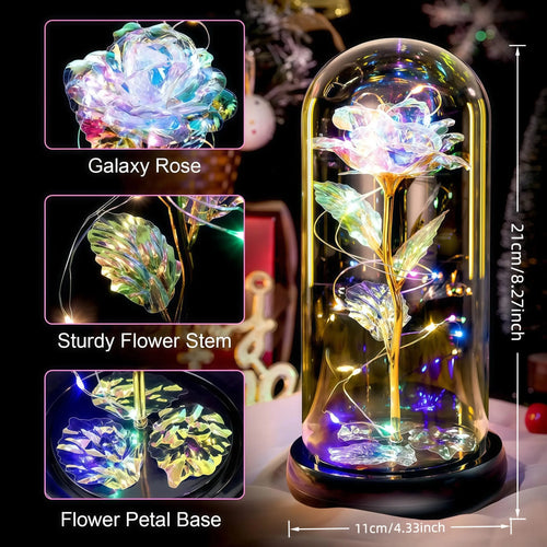 Glowing Eternal Rose Preserved Flower Lamp, LED Night Light, Gold Foil Handmade Colorful Artificial Flowers, Home Decor, Gift for Women